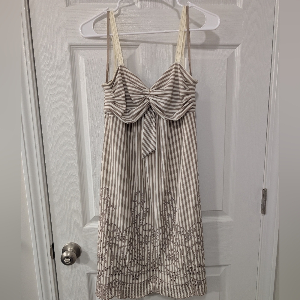 BCBGMaxAzria Small, Striped Babydoll Dress, Spaghetti Strap,‎ Cream And Beige